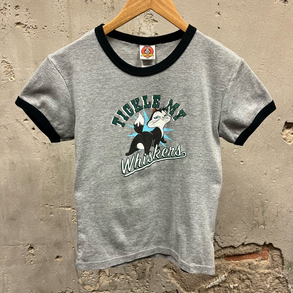 Vintage Y2K Looney Tunes Tickle My Whiskers Penelope Pussycat Gray Ringer Tee L